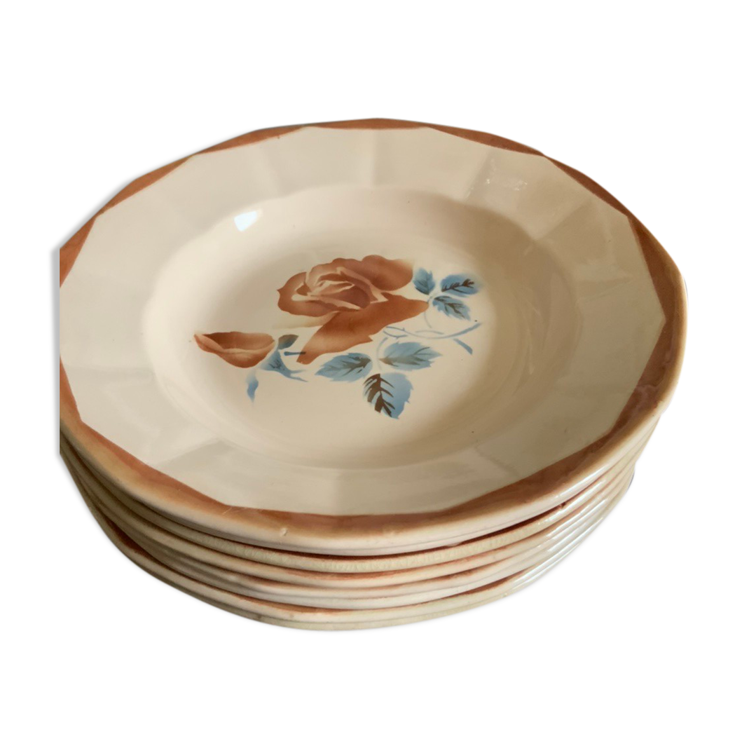 Service 8 hollow plates soup Digoin Sarreguemines pink flowers