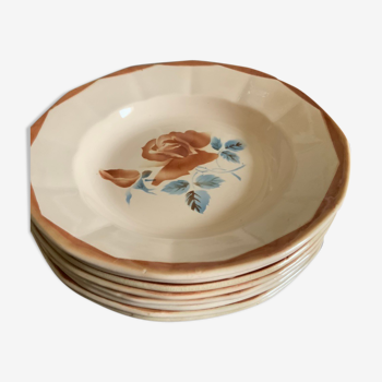 Service 8 hollow plates soup Digoin Sarreguemines pink flowers