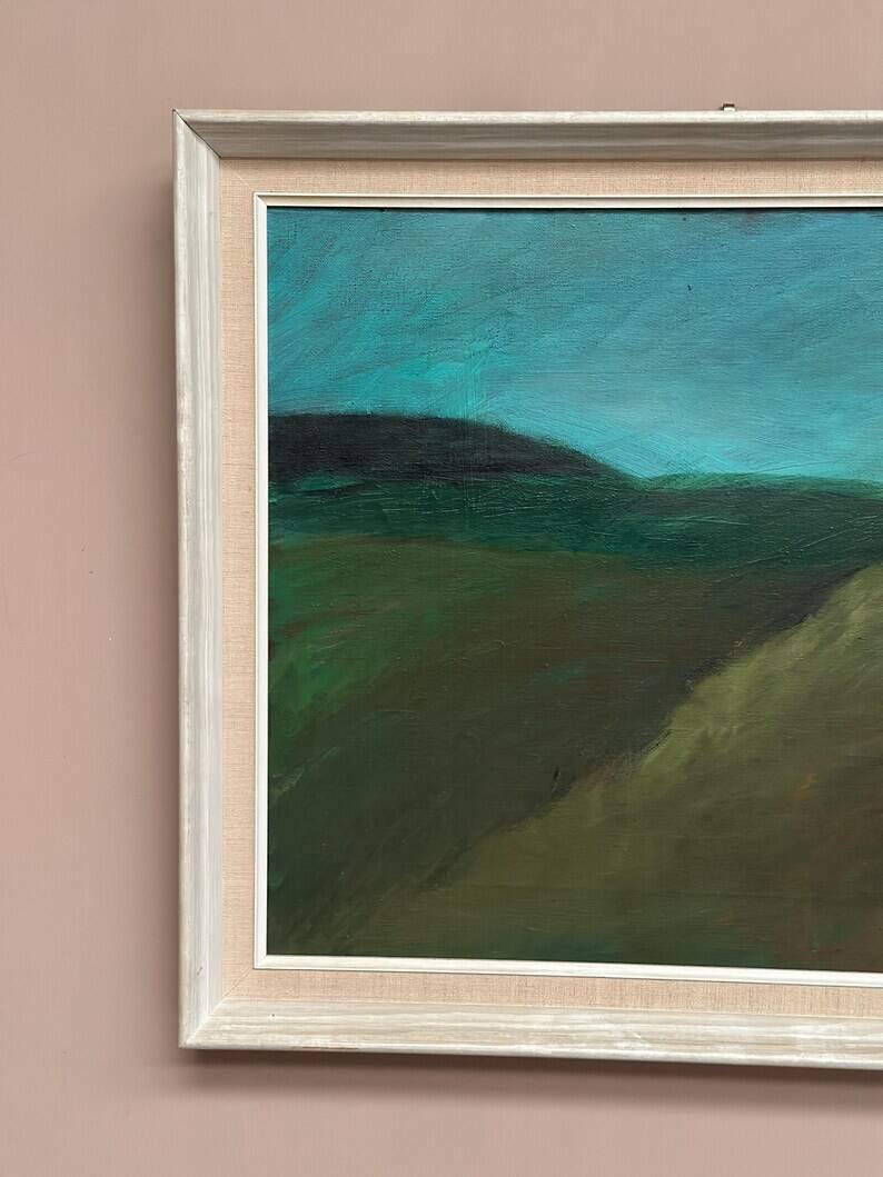 Huile sur toile originale suédoise – "Paysage" par Dina Mortensen – Signé DM – Vintage et encadré – 53 × 45,5 cm (20,9" × 17,9")