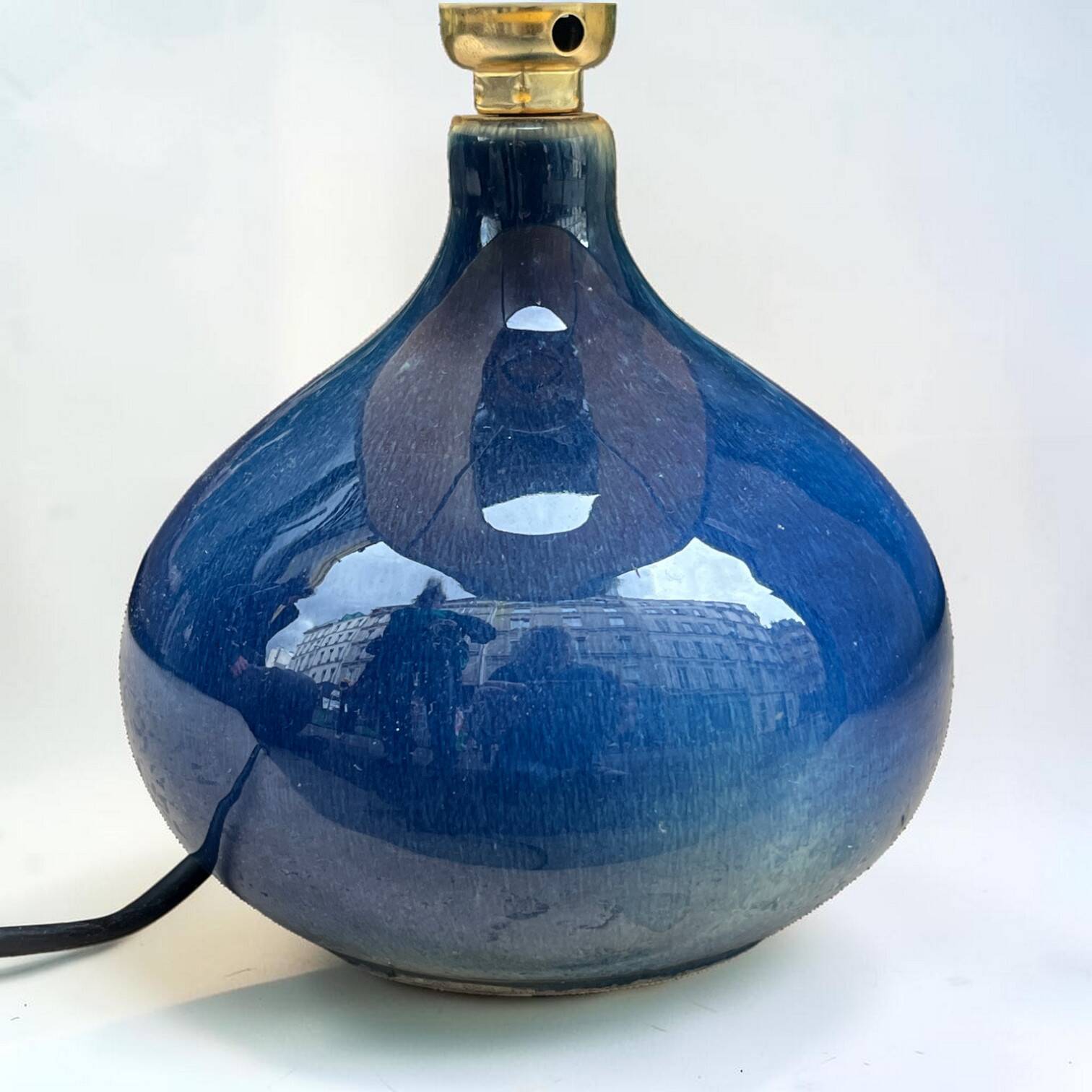 Vintage blue ceramic lamp Kintsugi and painted silk flower shade.