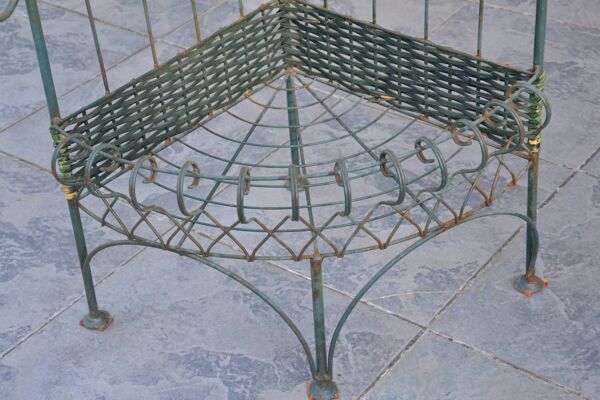 Etagère d'angle, porte plante en fer forgé et rotin