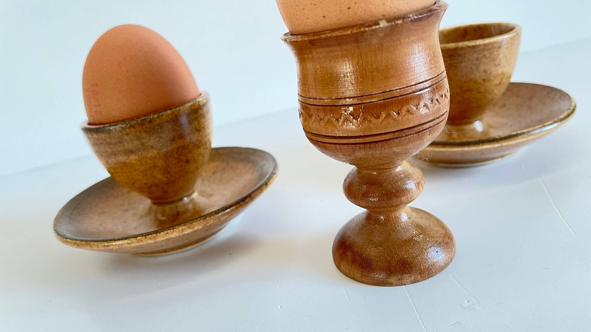 Vintage ceramic and wood egg cups
