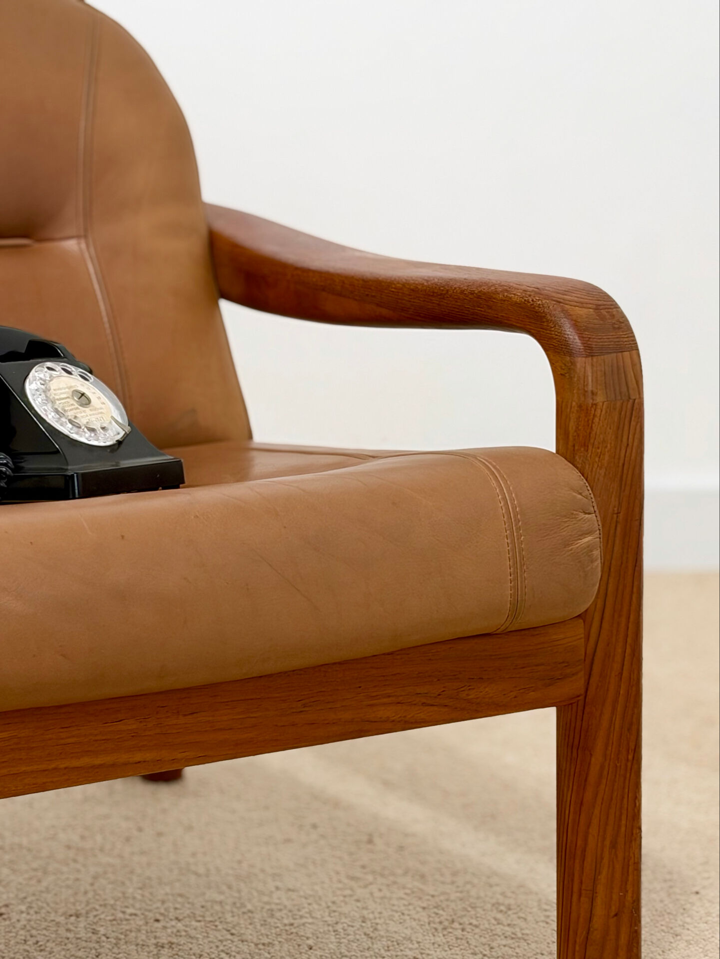 Vintage leather and wood armchair – 1970s