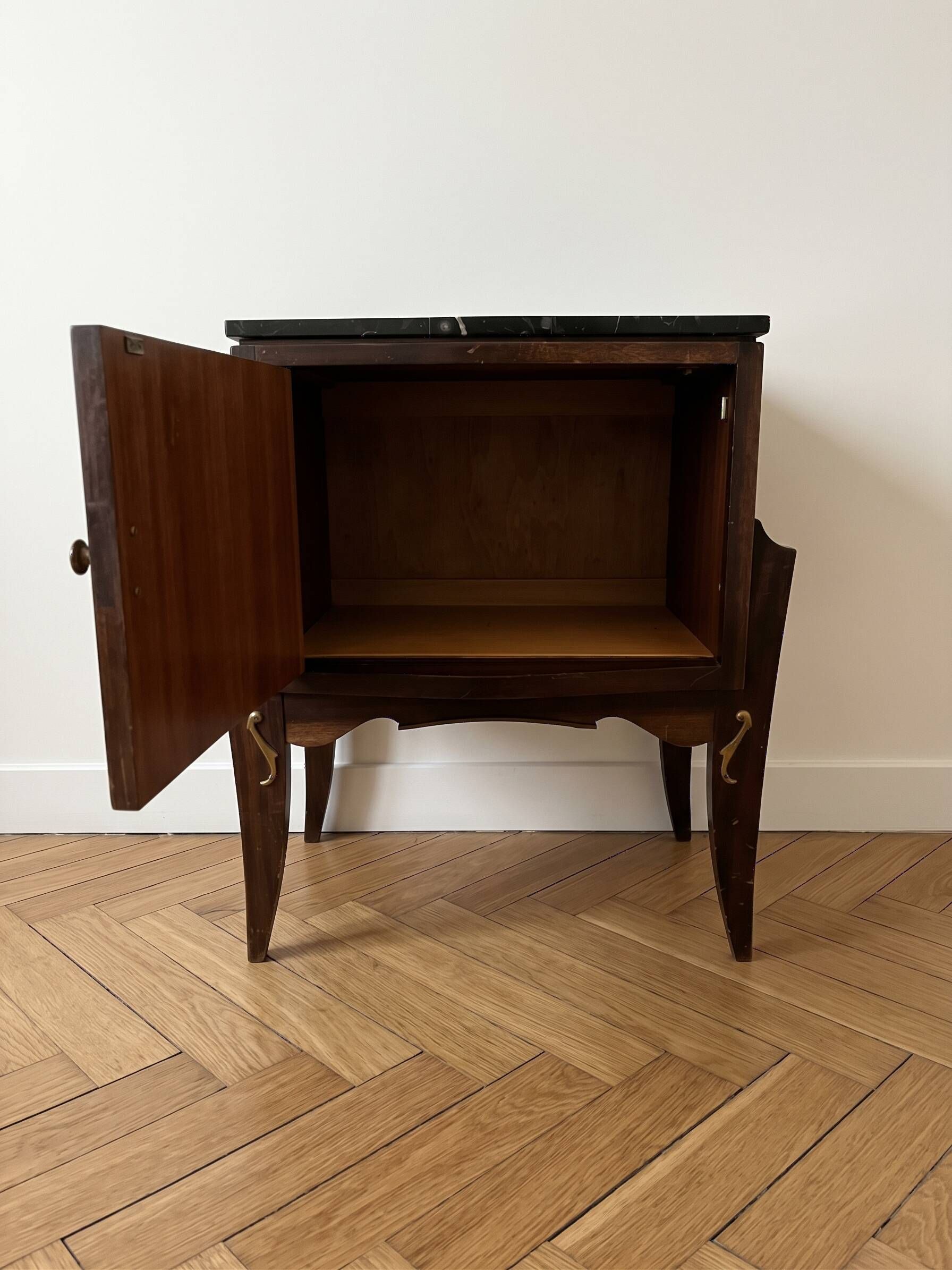 Pair of Art Deco bedside tables in wood and black marble