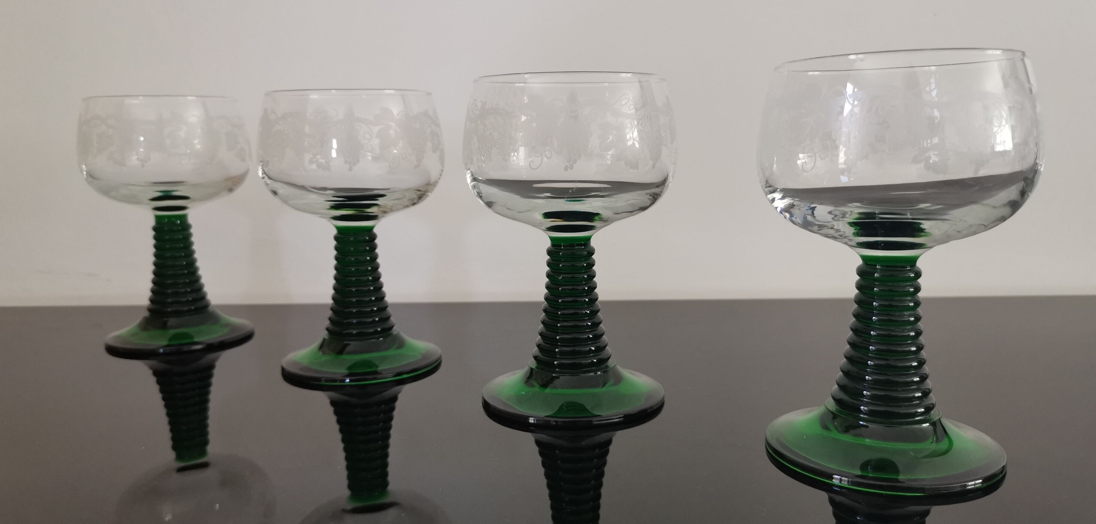 4 old Alsatian Roemer wine glasses decorated with vines