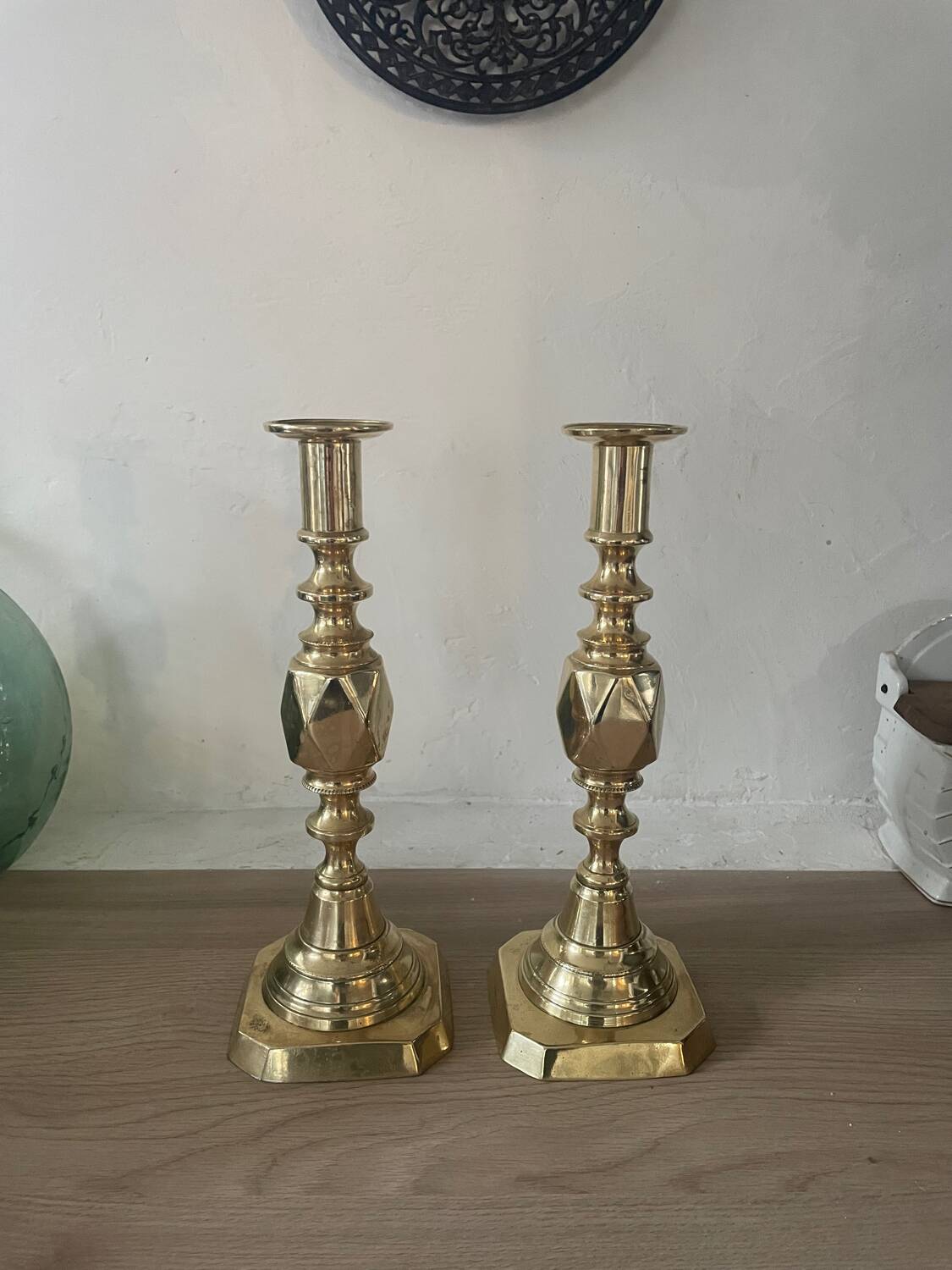 Pair of antique english princess of diamonds brass candlesticks