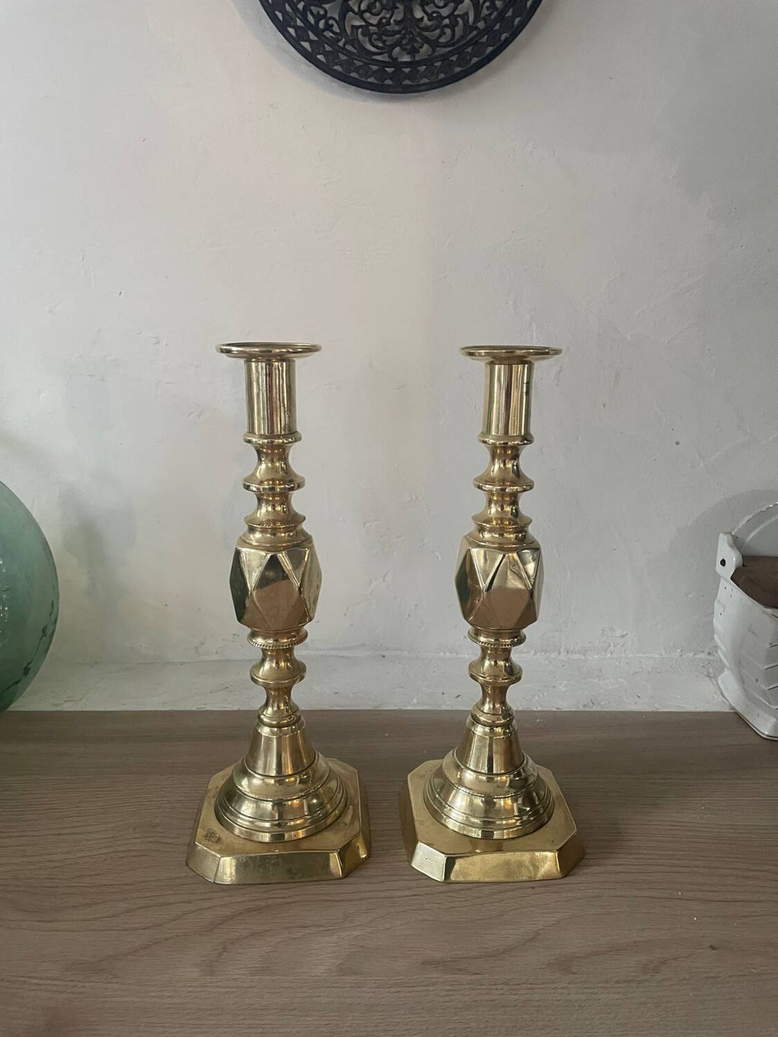 Pair of antique english princess of diamonds brass candlesticks