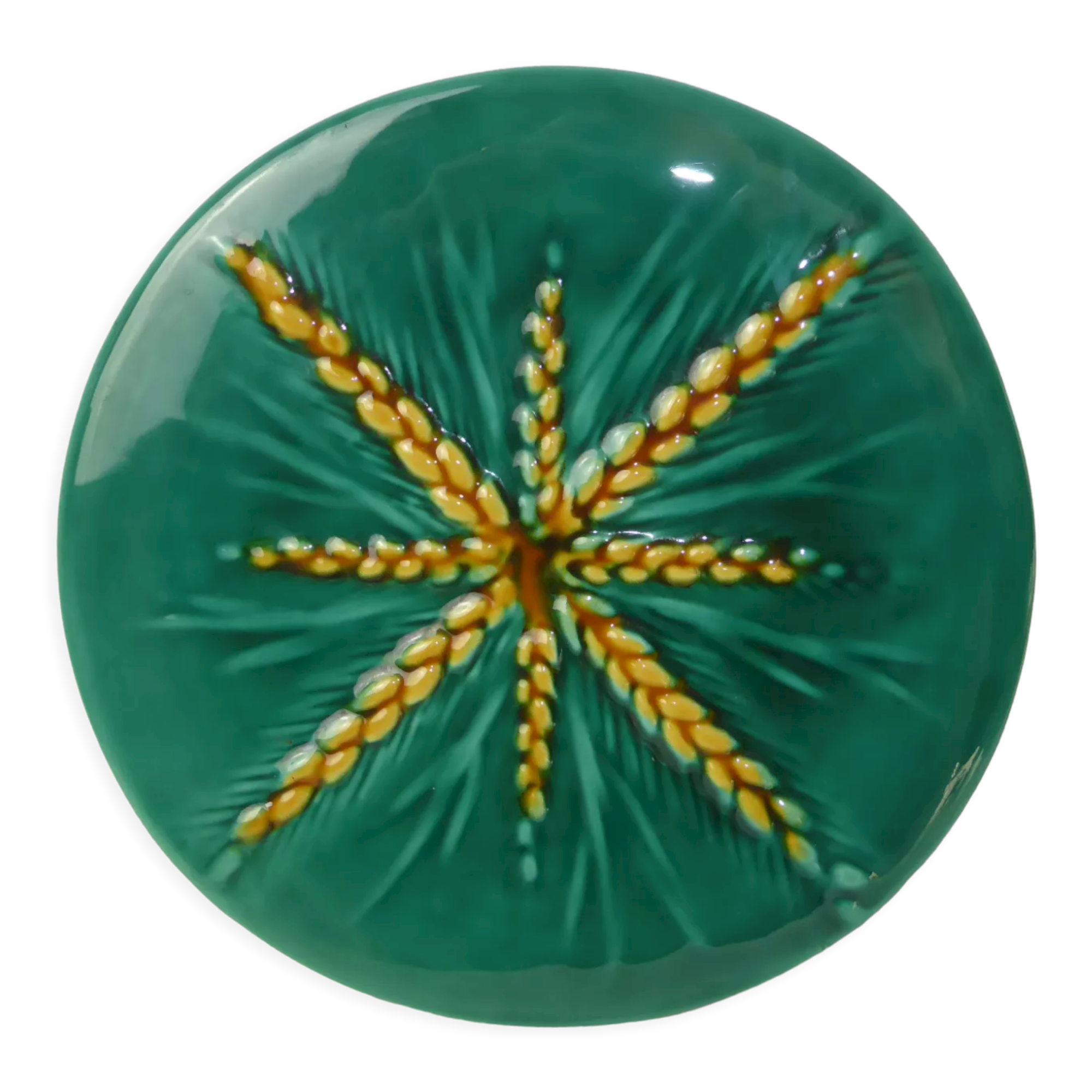 Plat vintage en céramique verte à décor d'épis de blé jaune Vallauris Lunetta-Diam.25cm