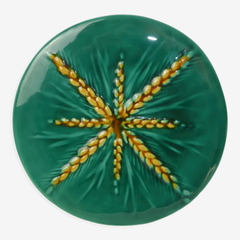 Vintage green ceramic dish decorated with ears of yellow wheat Vallauris Lunetta-Diam.25cm