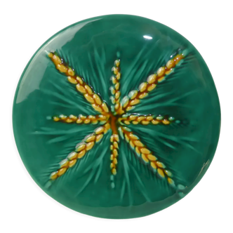 Vintage green ceramic dish decorated with ears of yellow wheat Vallauris Lunetta-Diam.25cm