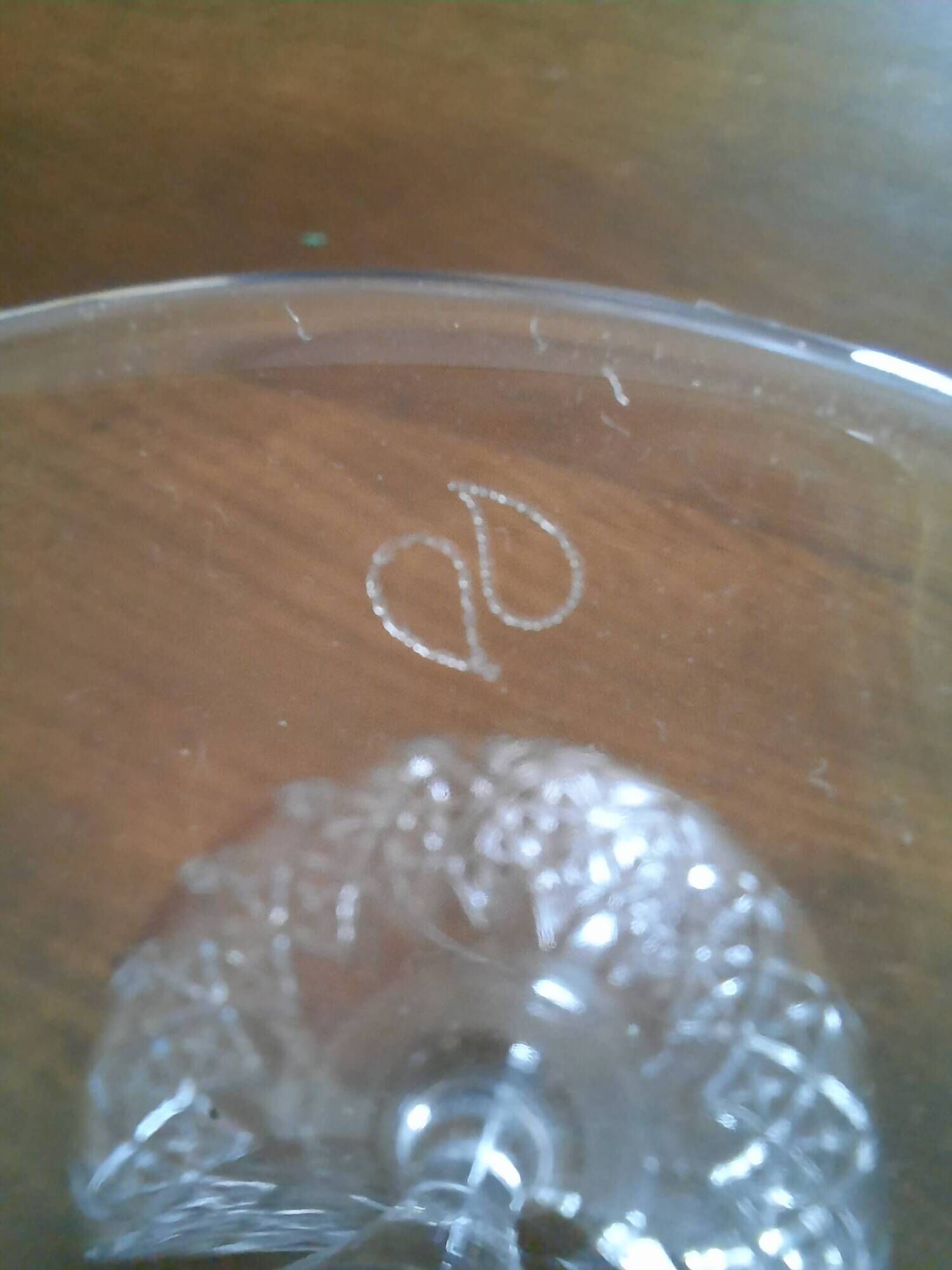 Set of 12 cut glass champagne glasses monogrammed EB.
