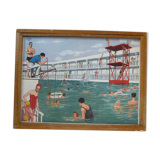 Cadre en bois avec une affiche la piscine vintage Rossignol 1960/70