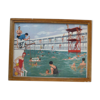 Original wooden frame with a poster vintage pool 1960/70