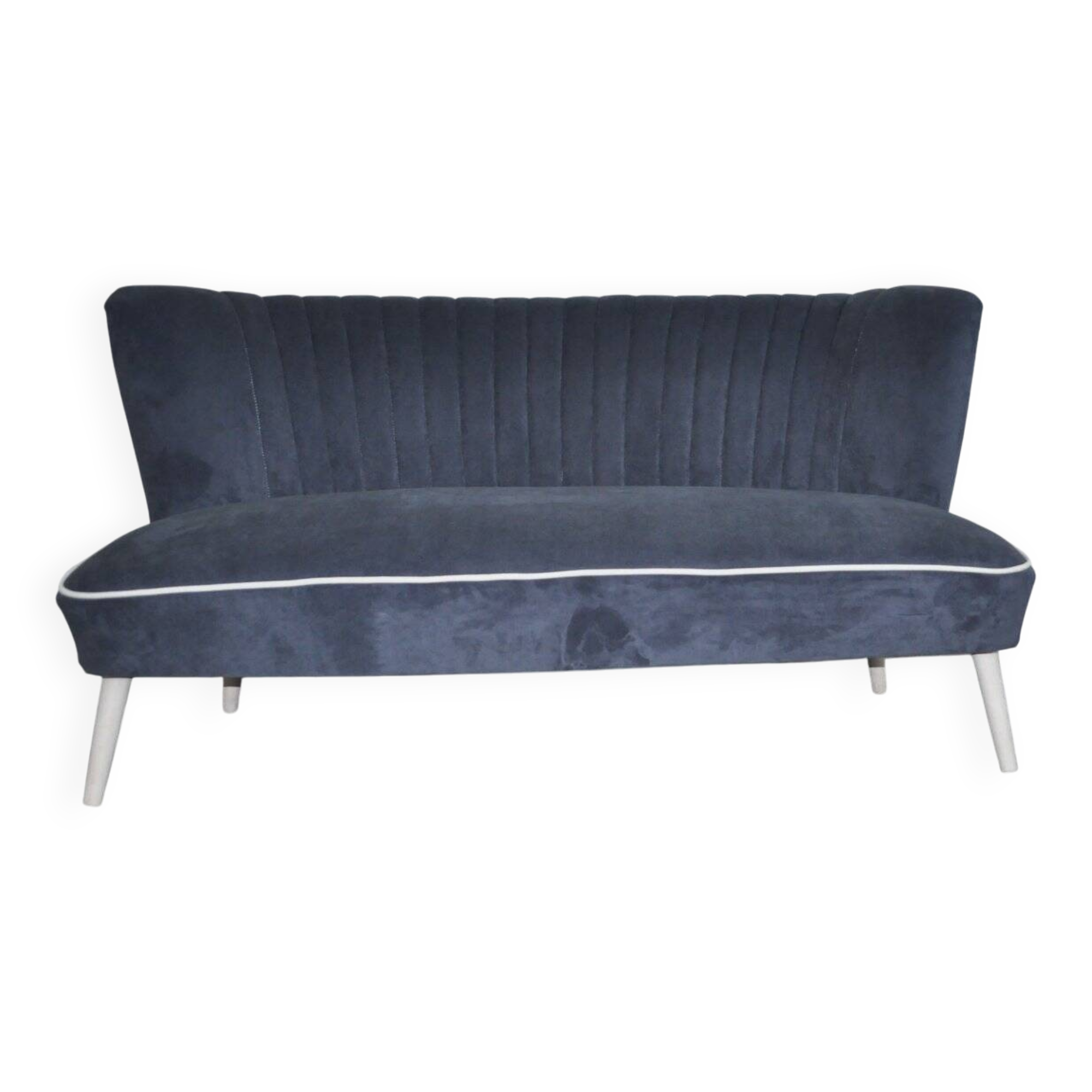 Blue fabric cocktail canapé with beech legs, 1950s style.