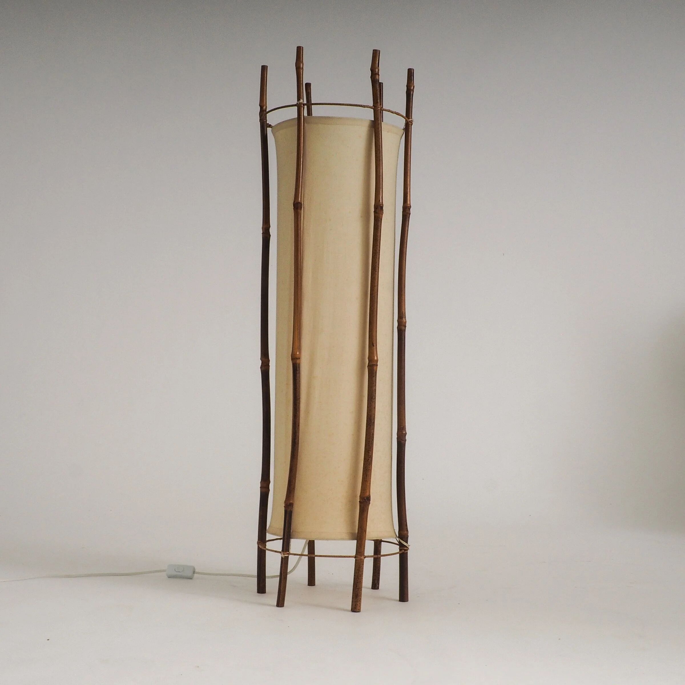 Large bamboo & linen floor lamp by Louis Sognot