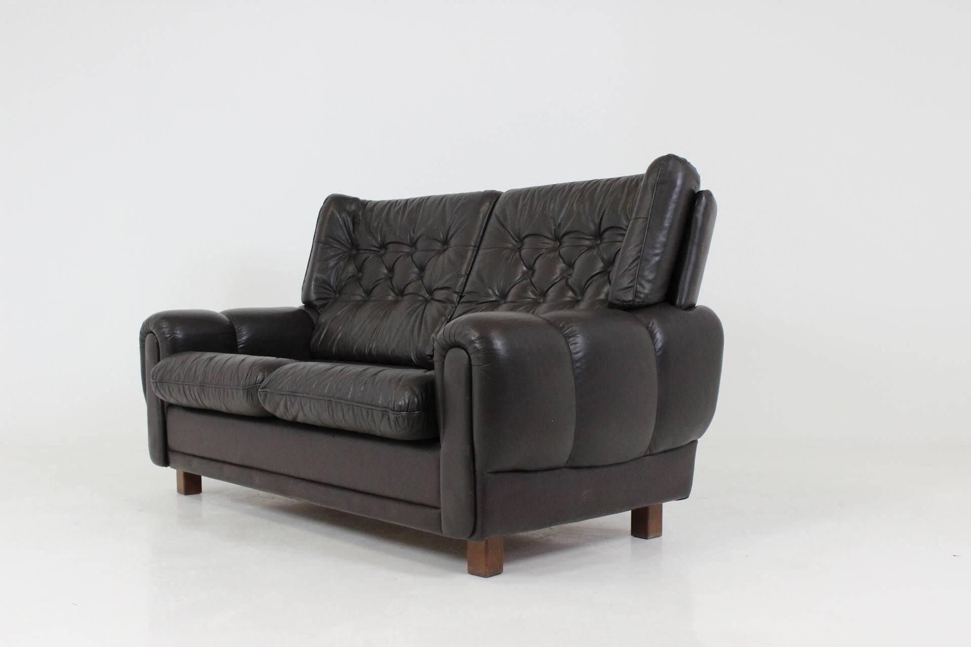 Mid-Century Design Black Leather Sofa, 1970s, Czechoslovakia