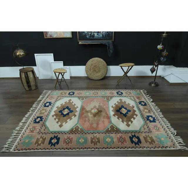 1970s Vintage Turkish Handmade Wool & Cotton Pink Area Rug 165x219