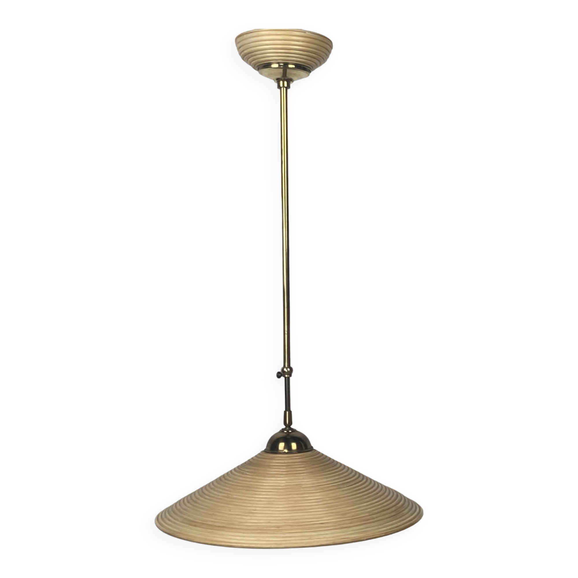 Telescopic brass and pencil reed rattan bamboo hanging pendant lamp, Italy 1970s