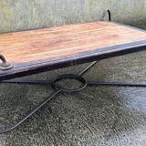 Large coffee table, wood and wrought iron, industrial spirit, vintage, 80s
