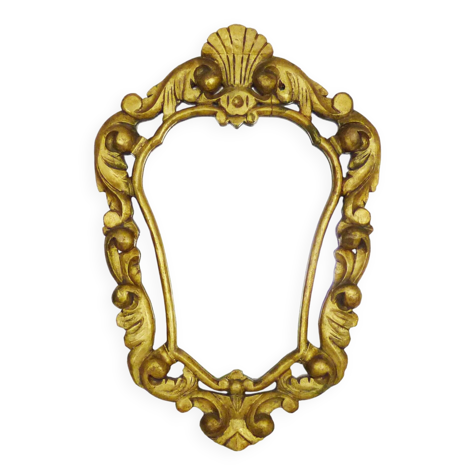 Old wall mirror in wood and gilded stucco with shell decoration, Louis XV style pediment mirror