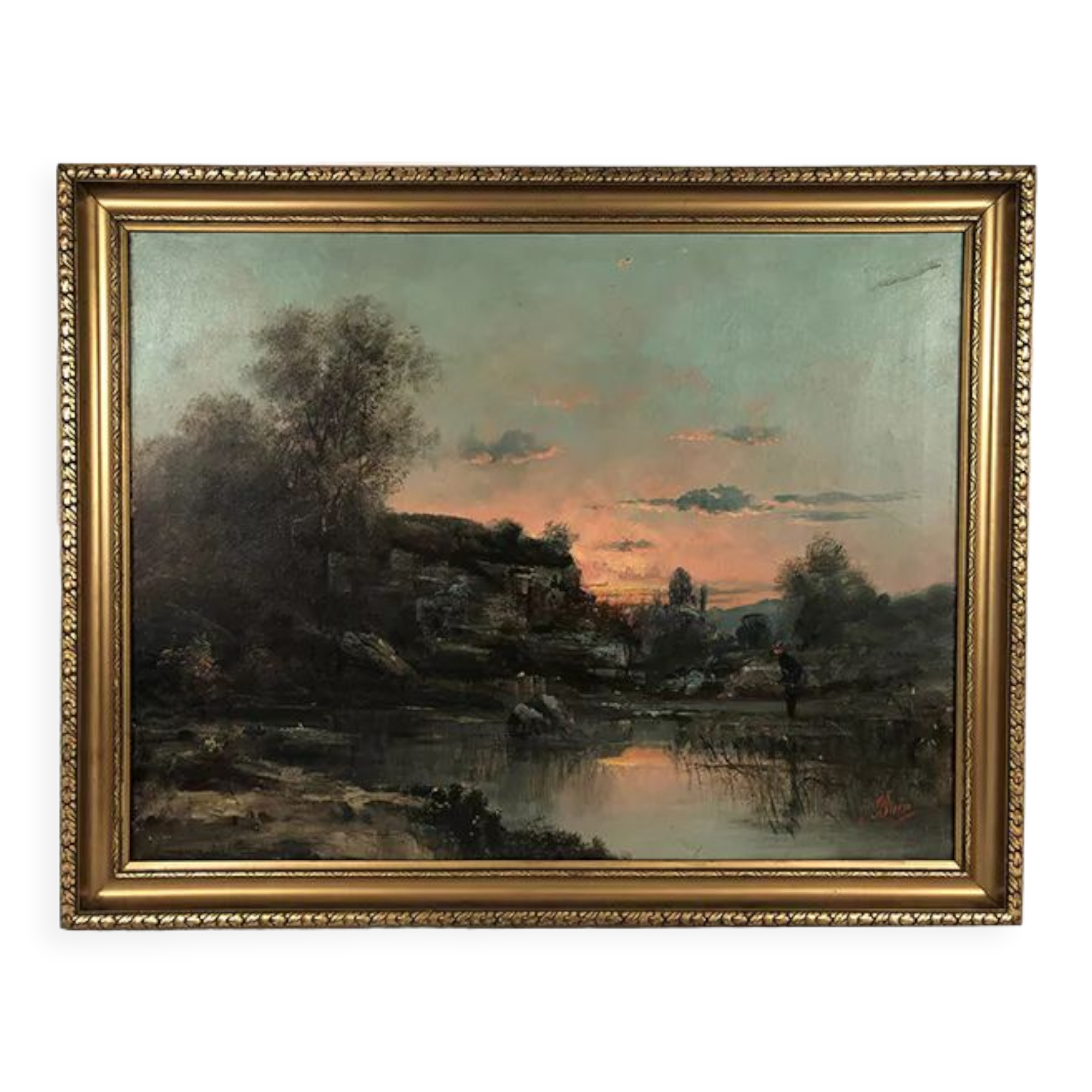 Oil on canvas, "Riverside at sunrise" signed J.Bain