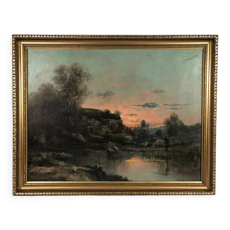 Oil on canvas, "Riverbank at Sunrise" signed J. Bain