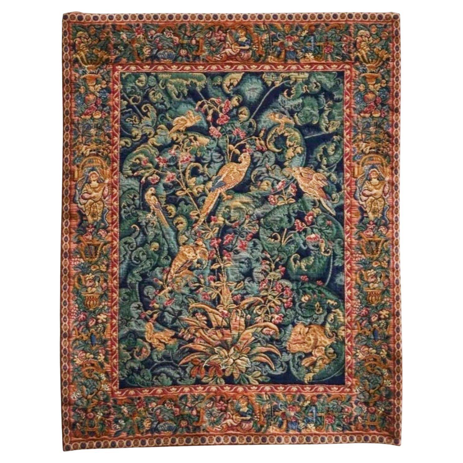 Mid Century wall tapestry with birds, animals, and leaves, Belgium 1960s.