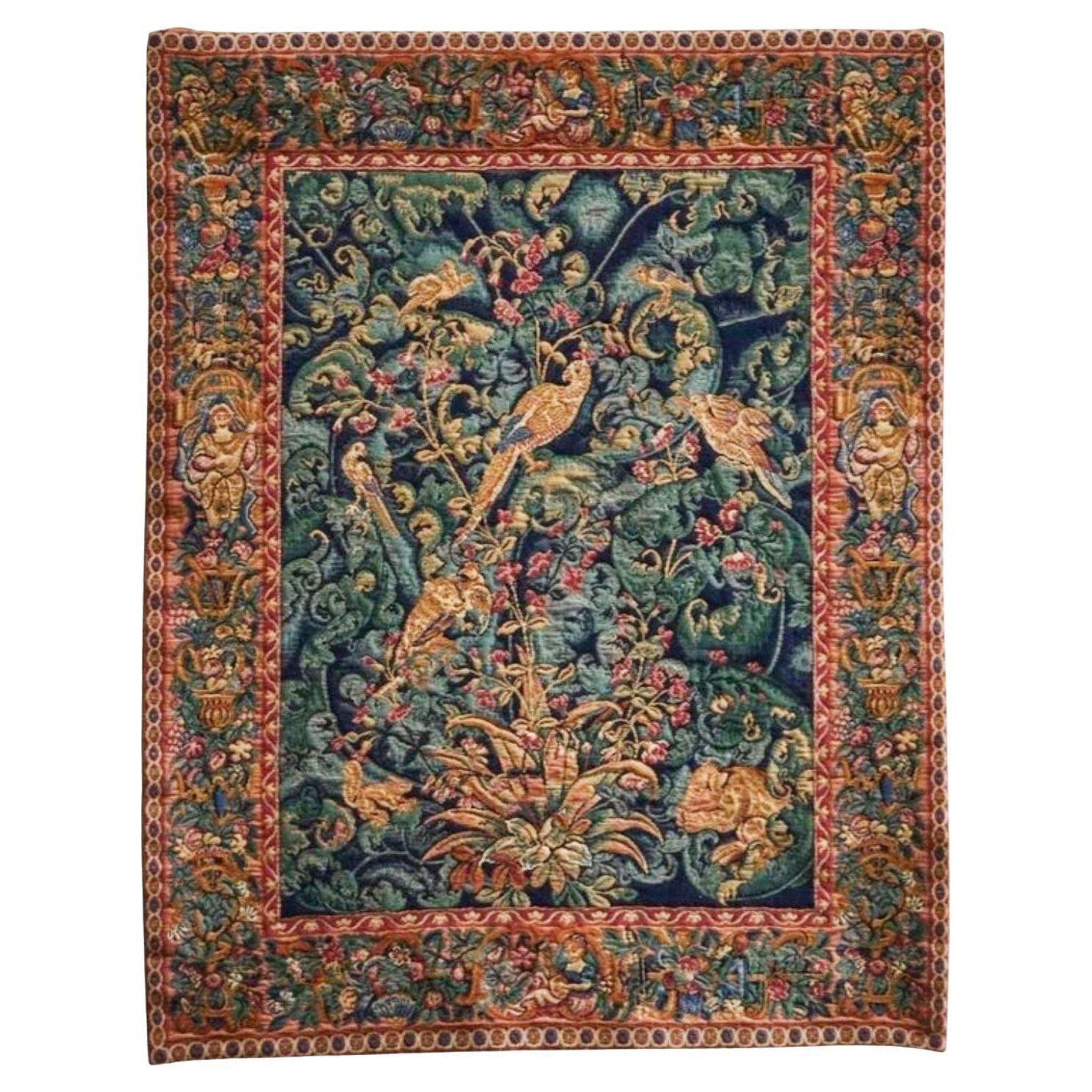 Mid Century wall tapestry with birds, animals, and leaves, Belgium 1960s.