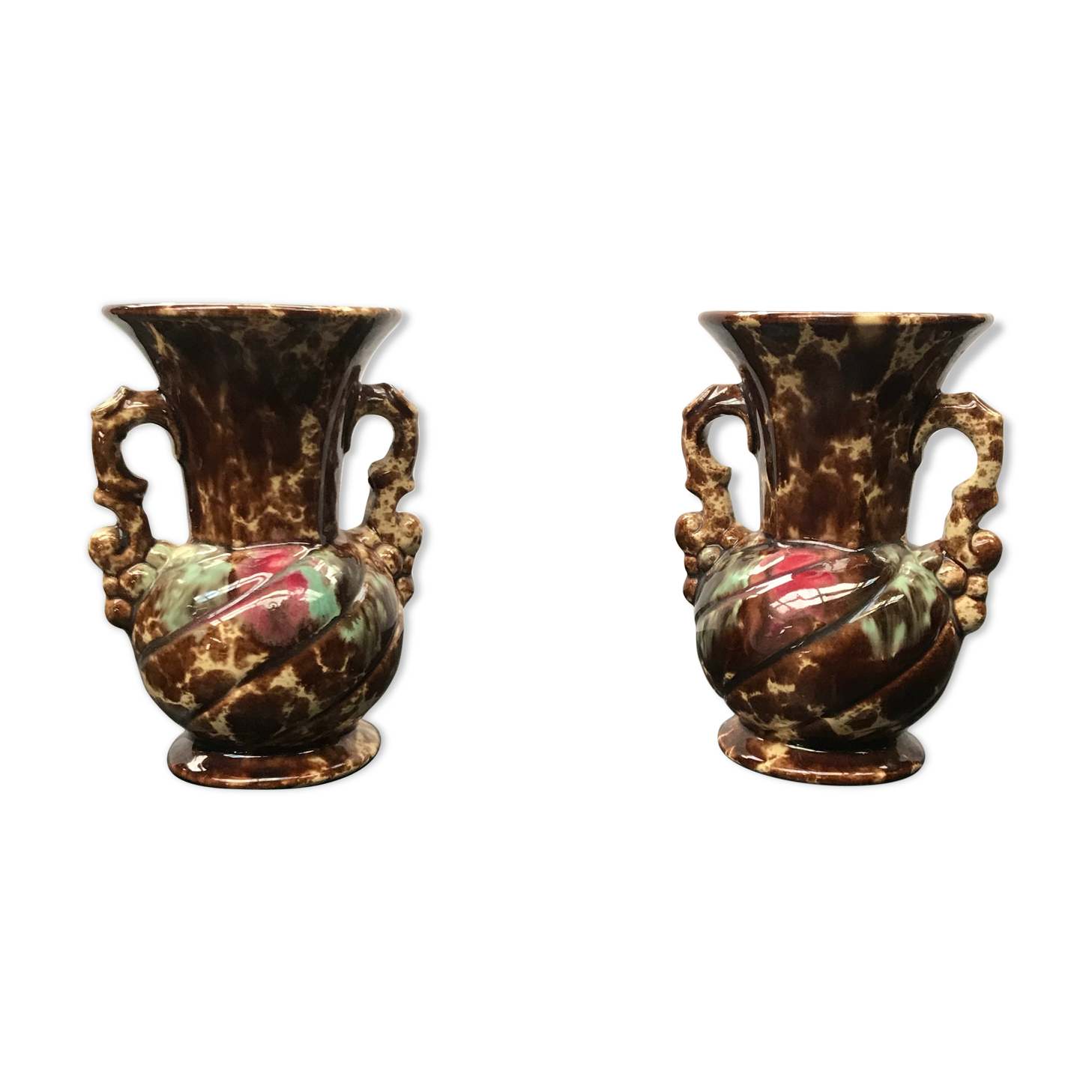 Pair of old vases with vintage beige brown ceramic handles