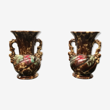 Ancient Vase Pair With Ceramic Anses Beige Vintage Brown