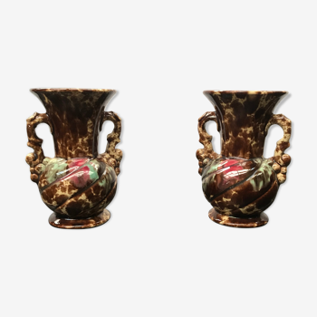 Paire de vases ancien avec anses céramique beige marron vintage