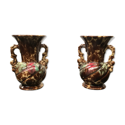 Paire de vases ancien avec anses céramique beige marron vintage