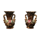 Pair of old vases with vintage beige brown ceramic handles