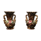 Pair of old vases with vintage beige brown ceramic handles
