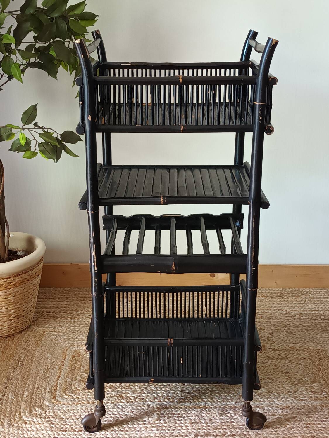 Vintage 50's black lacquered bamboo trolley