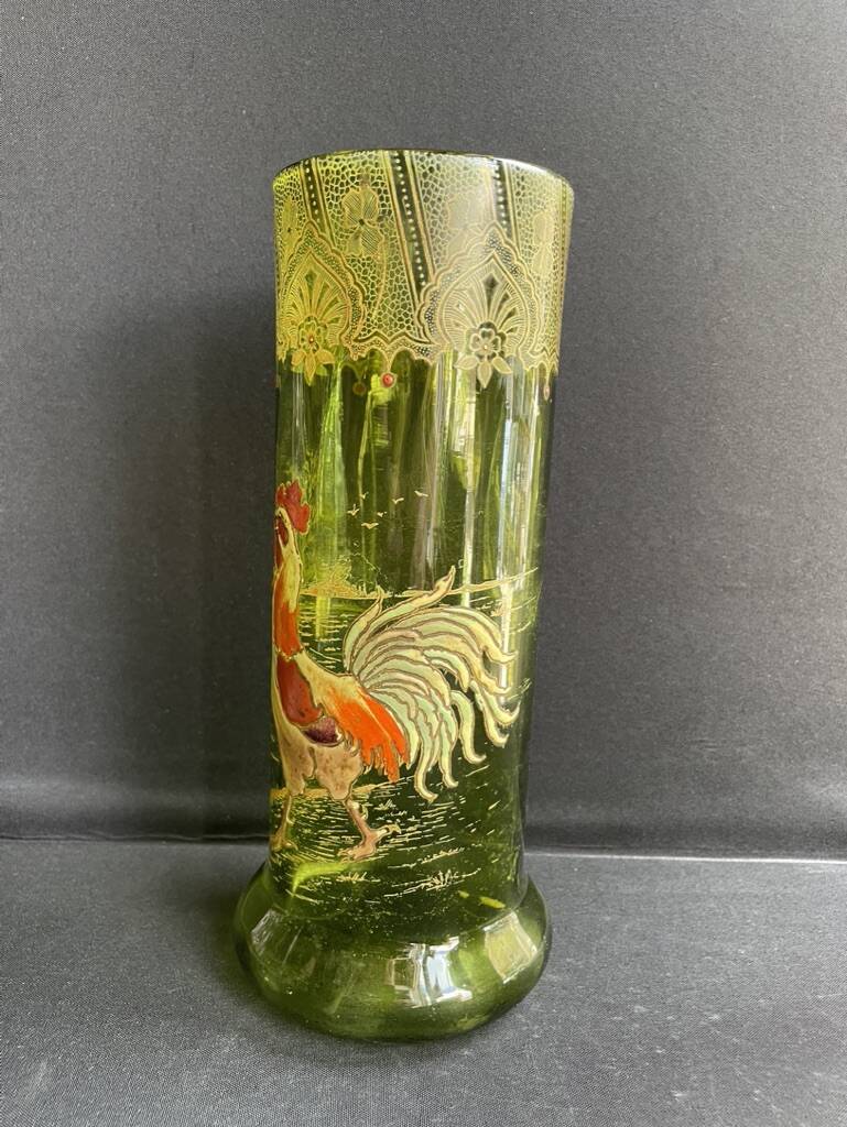 Vase “Nancy with enameled rooster” antique green FT Legras