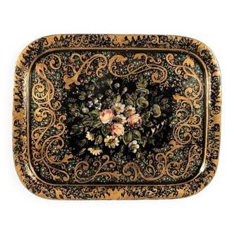 Large painted sheet metal tray decorated with flowers on a black background, Napoleon III