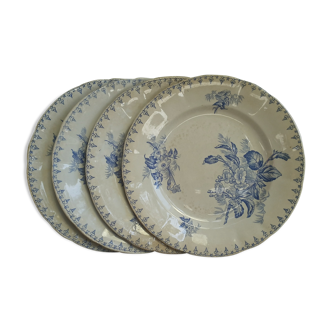 Ensemble de 4 assiettes plates U&cie Sarreguemines Modèle Flore bleu