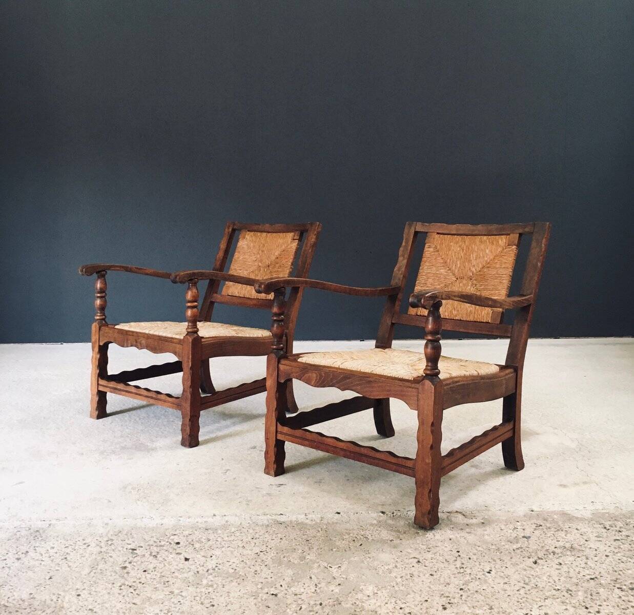 Arts & Crafts Handcrafted Low Lounge Armchairs, Belgium, 1920s, Set of 2