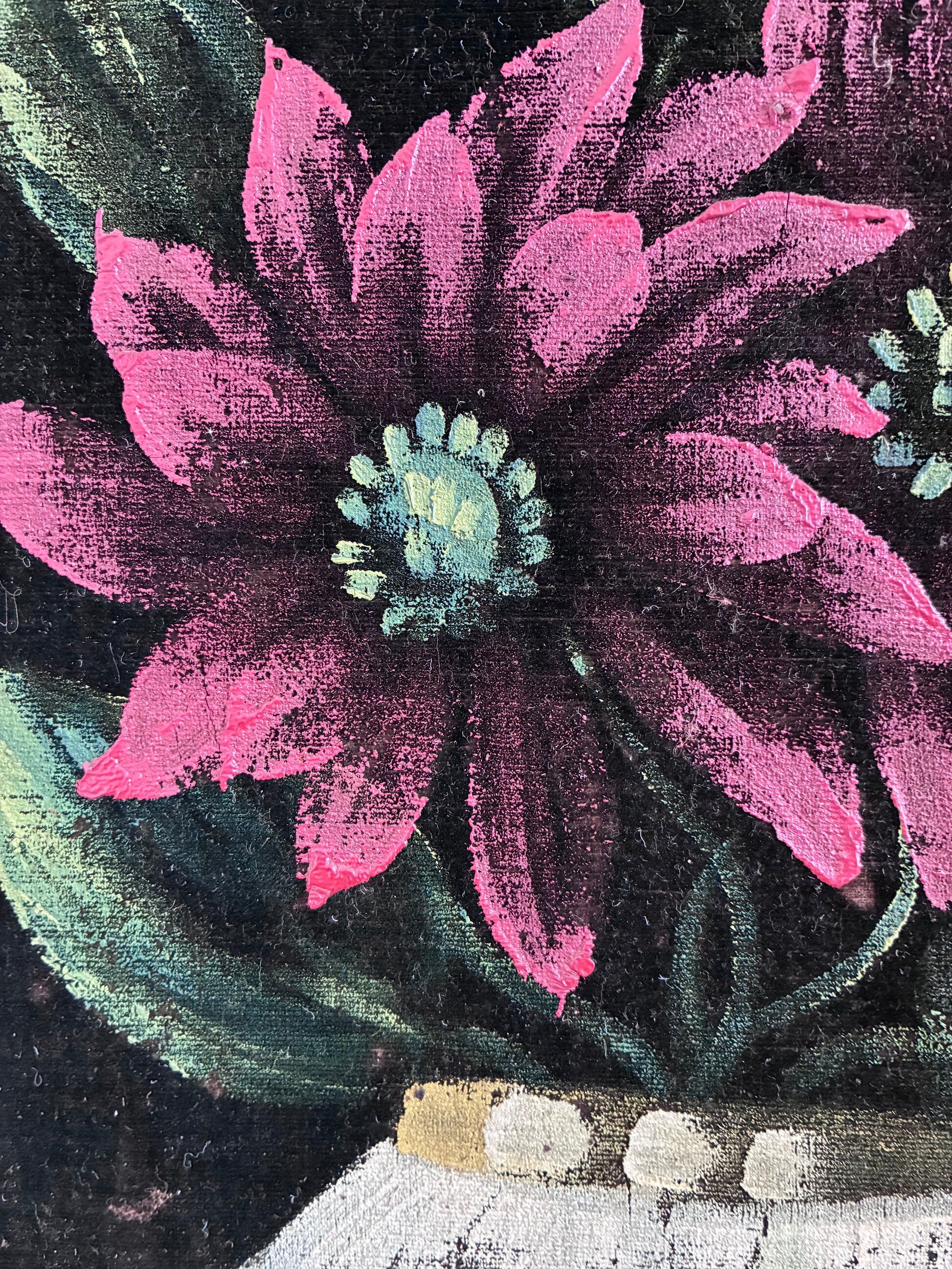 Set vintage original velvet flower oil painting, pair of flower still life art