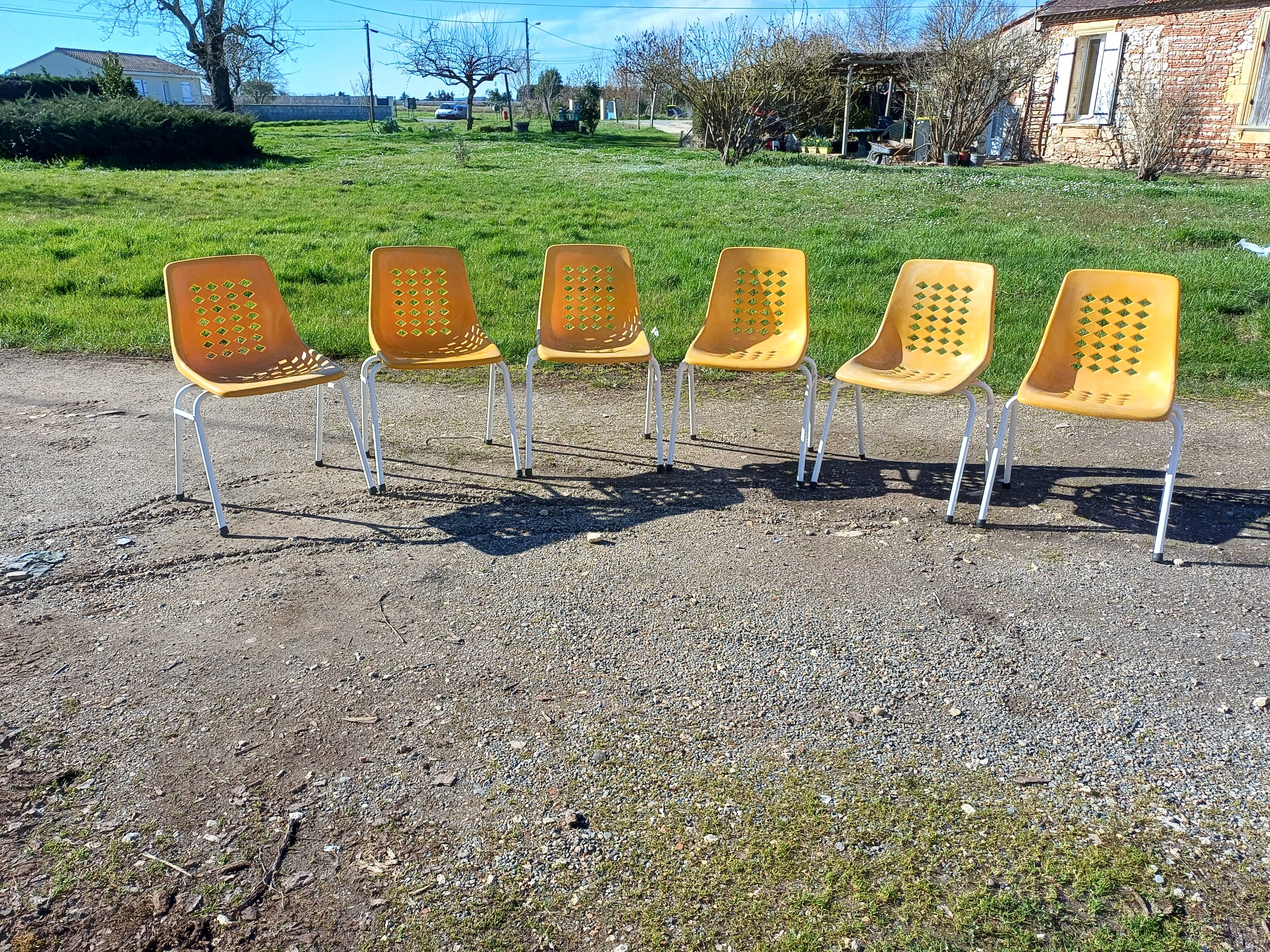 6 vintage iron and orange plastic garden chairs
