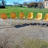 6 vintage iron and orange plastic garden chairs