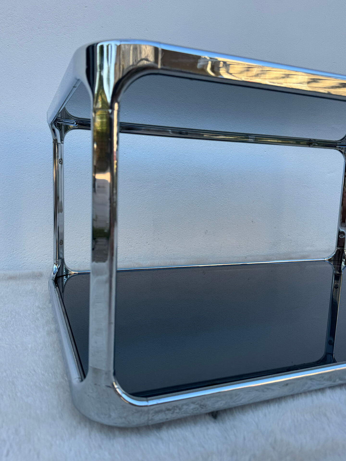 Chrome and smoked glass coffee table from the 1970s.