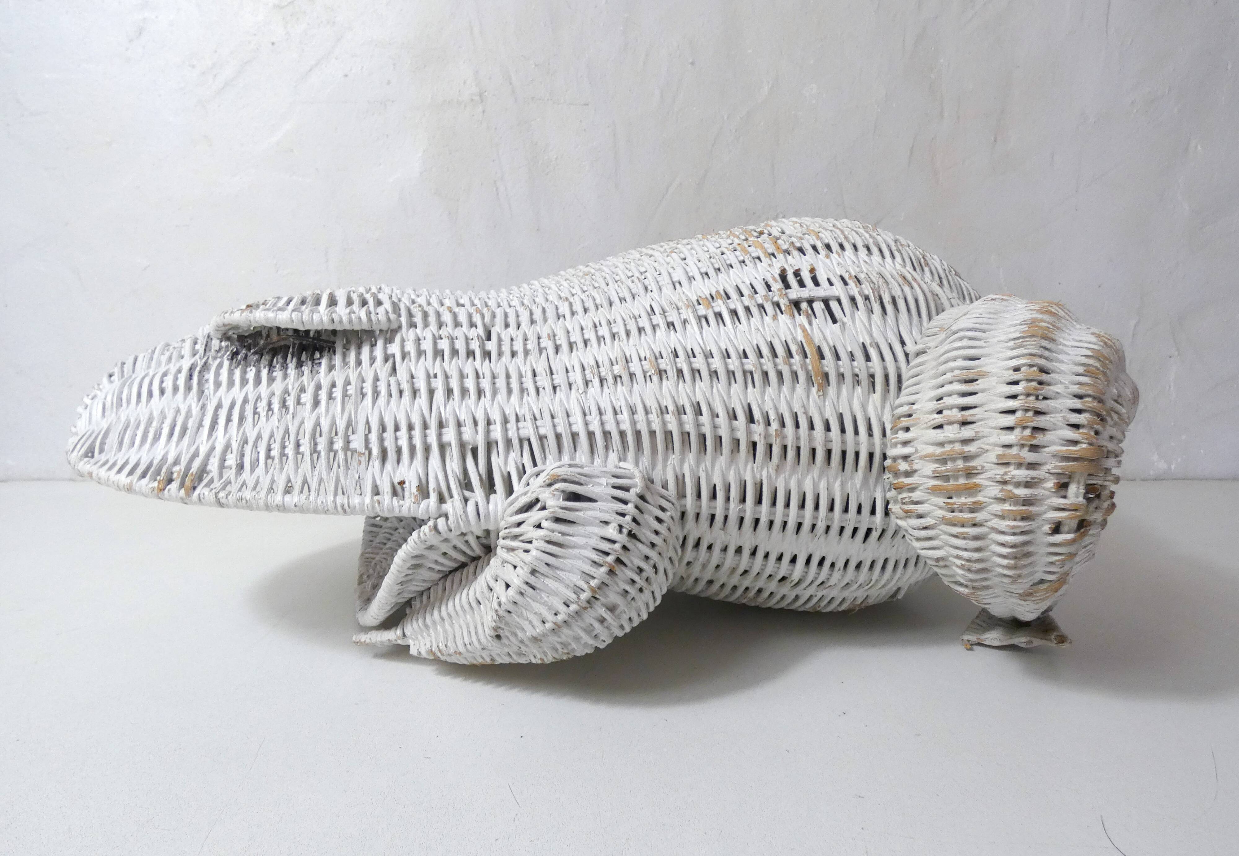 Corbeille à papier grenouille vintage en rotin blanc