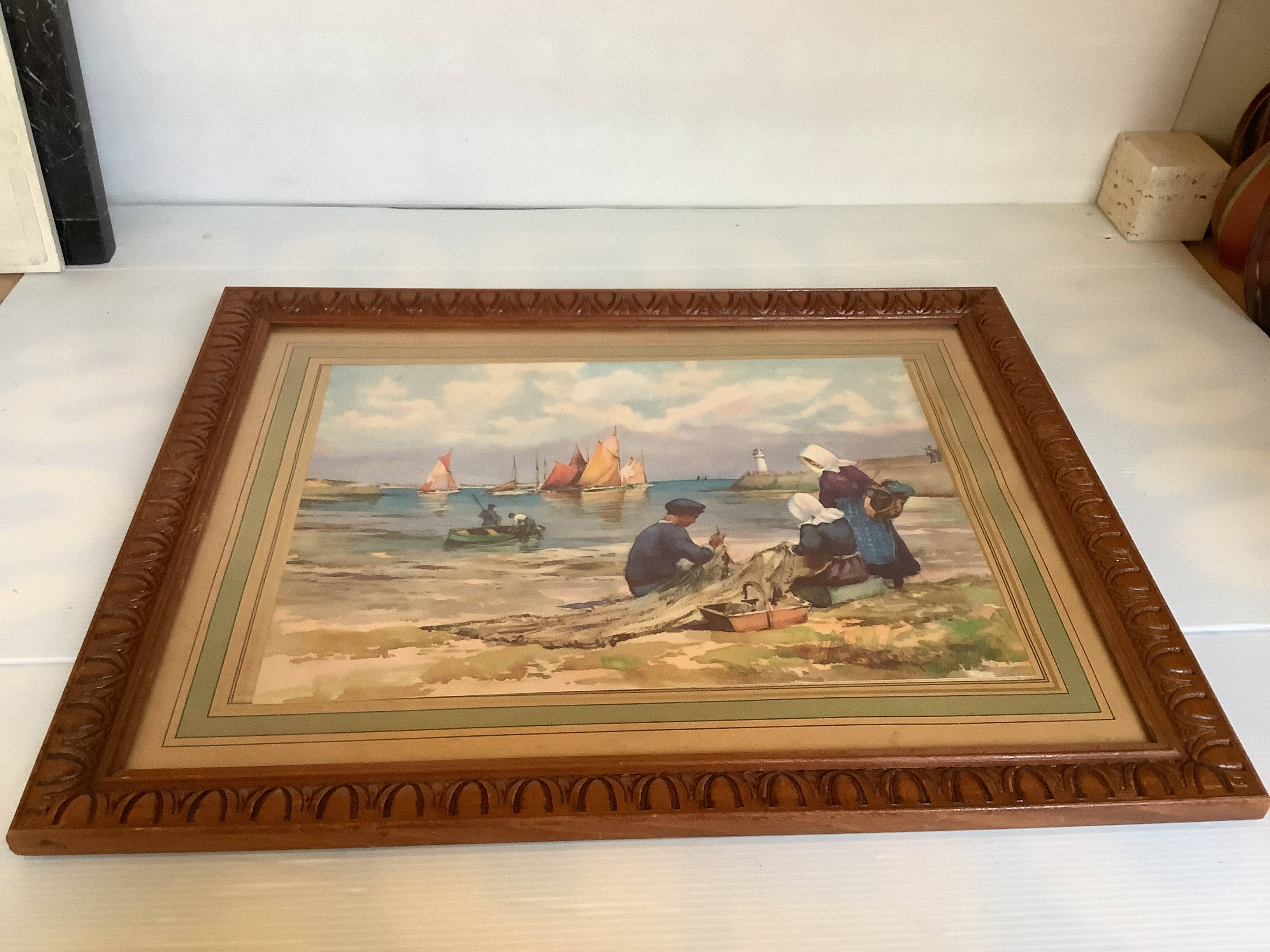 Large marine painting of fishermen and boats.
