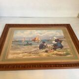 Large marine painting of fishermen and boats.