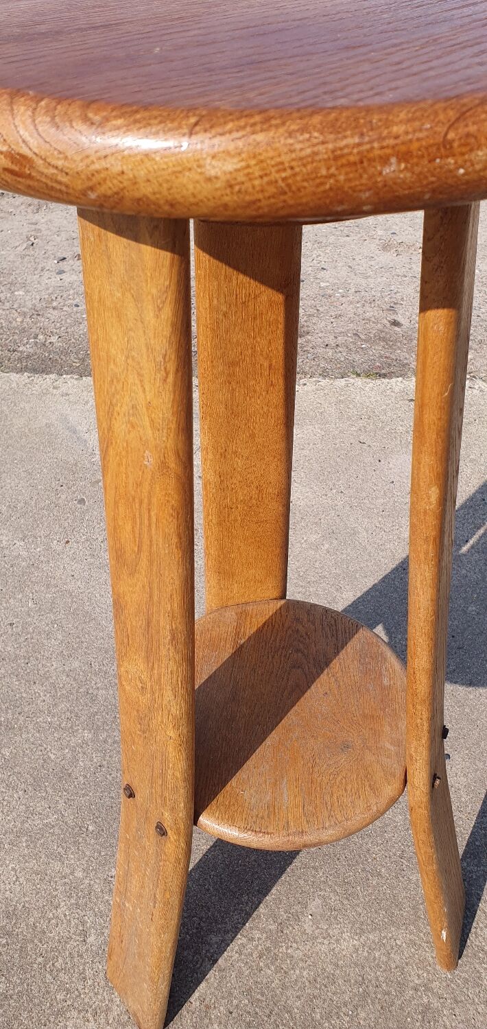 Set 4 Vintage brutalist tripod oak bar stools