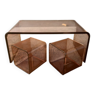 Set of 3 nesting coffee tables in smoked glass – 1970s design