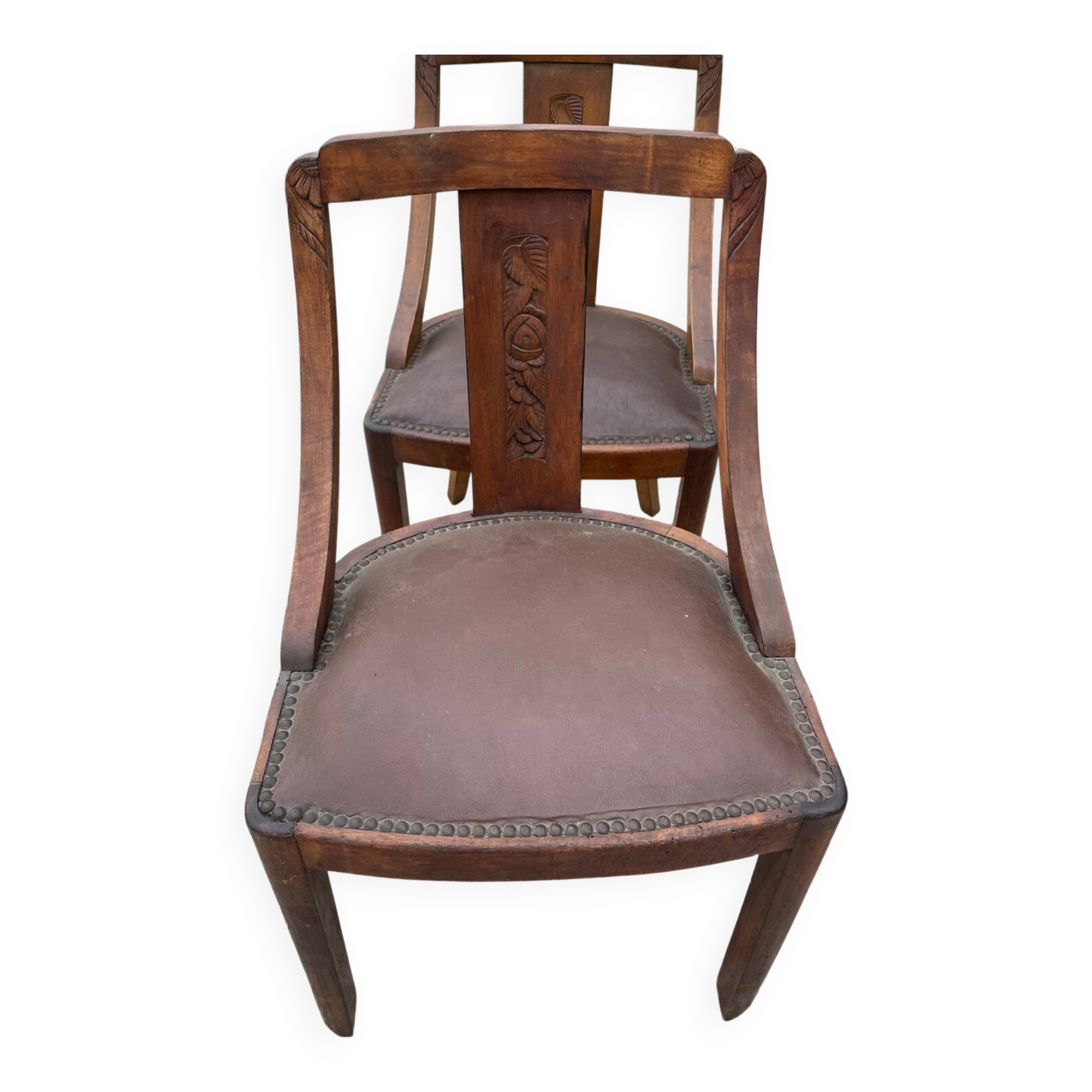 Set of 4 art deco gondola chairs in solid oak wood with skai leather