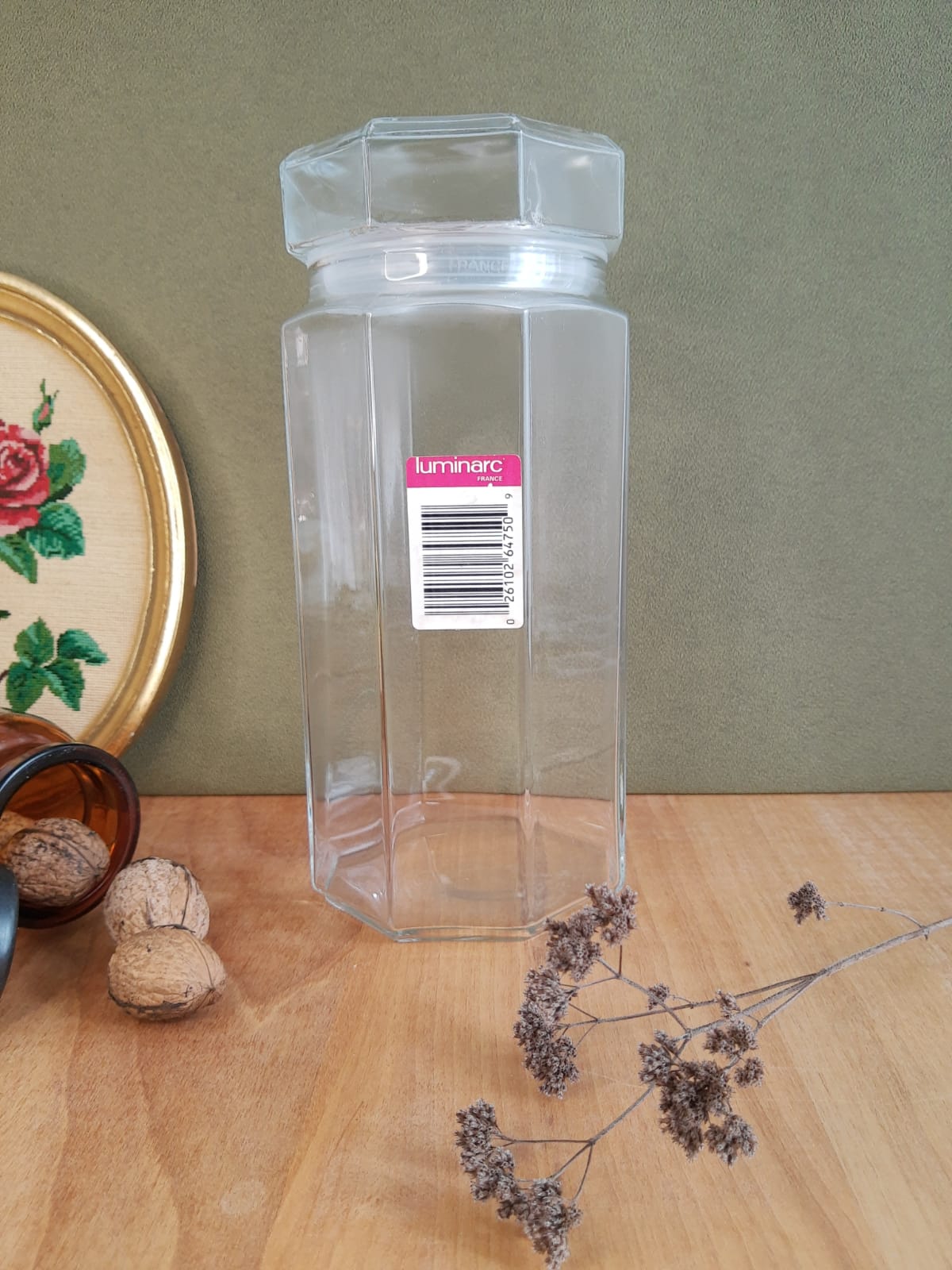 Large octagonal hermetic jar luminarc France vintage